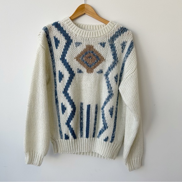 Elegant Cream and Blue Oversized Geometric Sweater - Picture 1 of 4